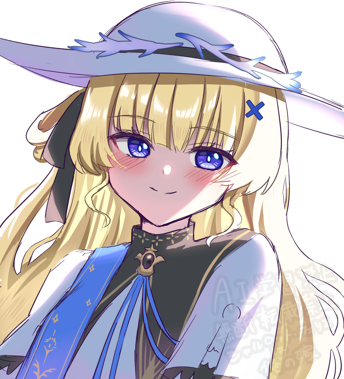 uissu, phoebe (wuthering waves), wuthering waves, commentary, highres, 1girl, black collar, blonde hair, blue eyes, blue sash, blush, closed mouth, collar, hair ornament, hat, long hair, looking at viewer, sash, simple background, smile, solo, upper body, watermark, white background, white hat, x hair ornament
