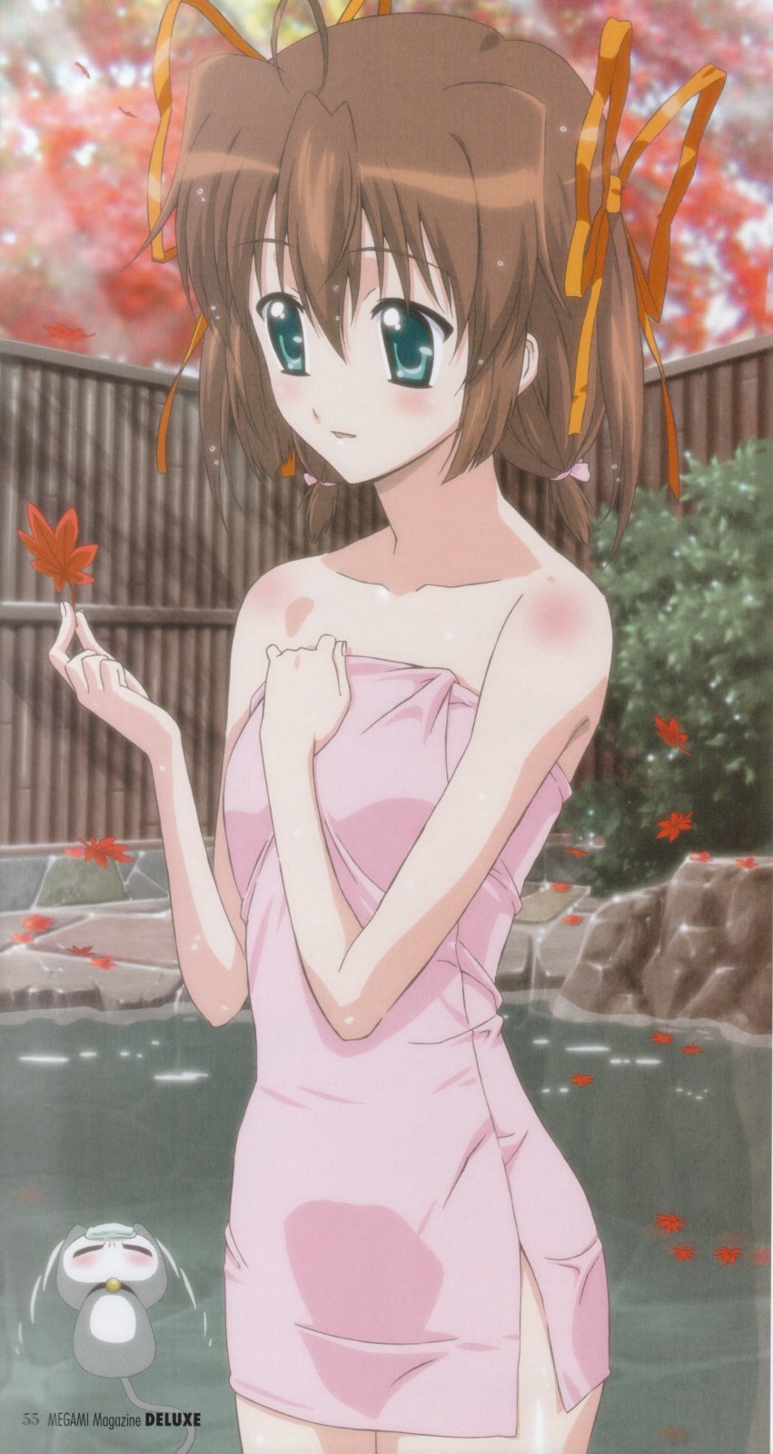 yumoto yoshinori, asakura nemu, da capo, da capo i, highres, 00s, 1girl, autumn, cat, female focus, naked towel, onsen, ribbon, solo, towel