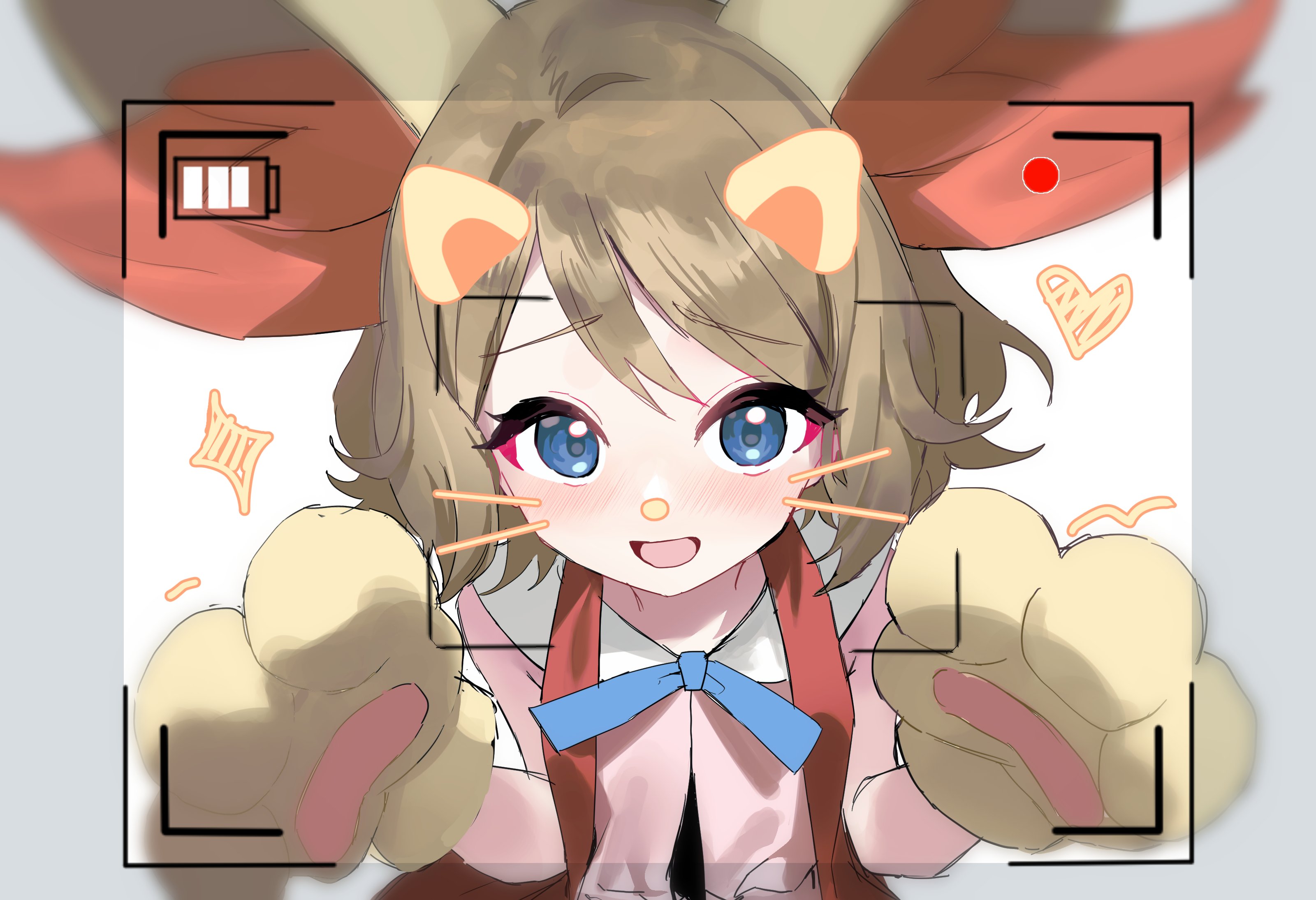 pokesudal, fennekin, serena (pokemon), nintendo, pokemon, pokemon (anime), pokemon xy (anime), absurdres, commentary request, highres, korean commentary, 1girl, :d, animal ears, animal hands, blue eyes, blue ribbon, brown hair, cosplay, eyelashes, fennekin (cosplay), gen 6 pokemon, gloves, heart, looking at viewer, looking up, neck ribbon, open mouth, paw gloves, recording, ribbon, short hair, sleeveless, smile, solo, sparkle, upper body, viewfinder