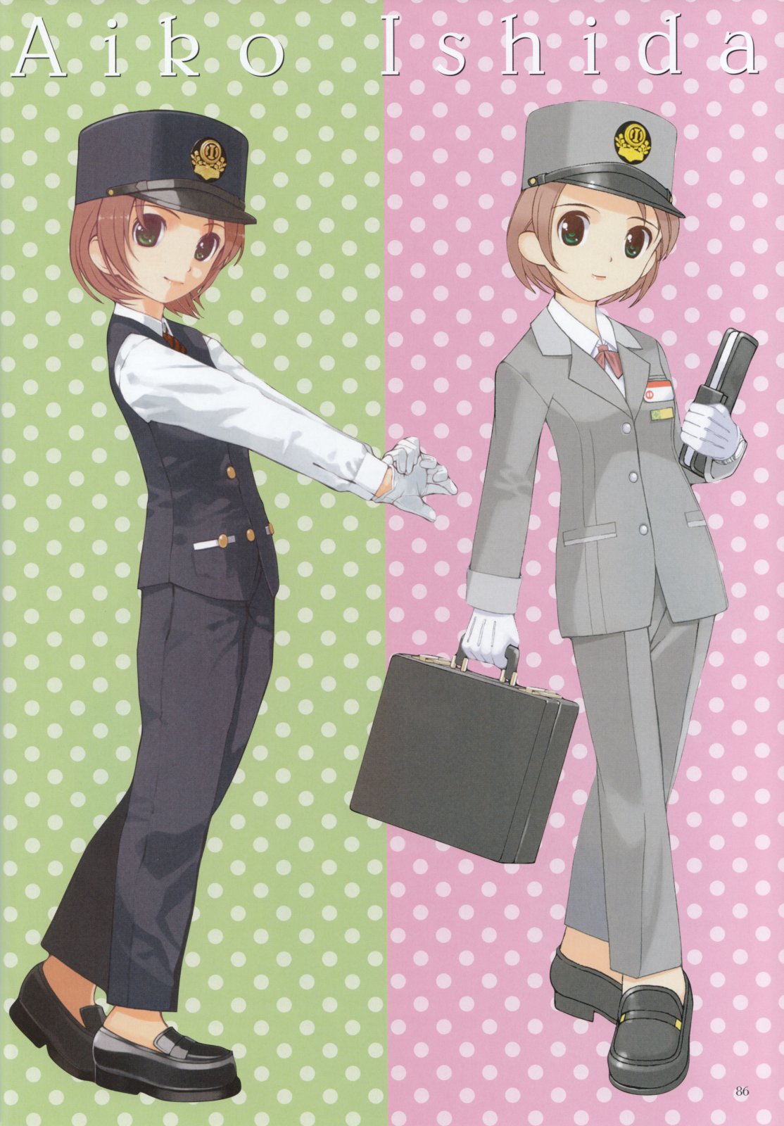mibu natsuki, ishida aiko, odakyu electric railway, tetsudou musume, uniform, highres, official art, scan, 00s, 1girl, alternate costume, blazer, briefcase, brown hair, buttons, crossed legs, female focus, full body, gloves, green eyes, hat, high heels, jacket, lipstick, loafers, looking at viewer, looking back, makeup, name tag, notebook, outstretched arms, pants, peaked cap, profile, ribbon, shoes, short hair, smile, solo, standing, stretching, train attendant, travel attendant, vest, watson cross, white gloves