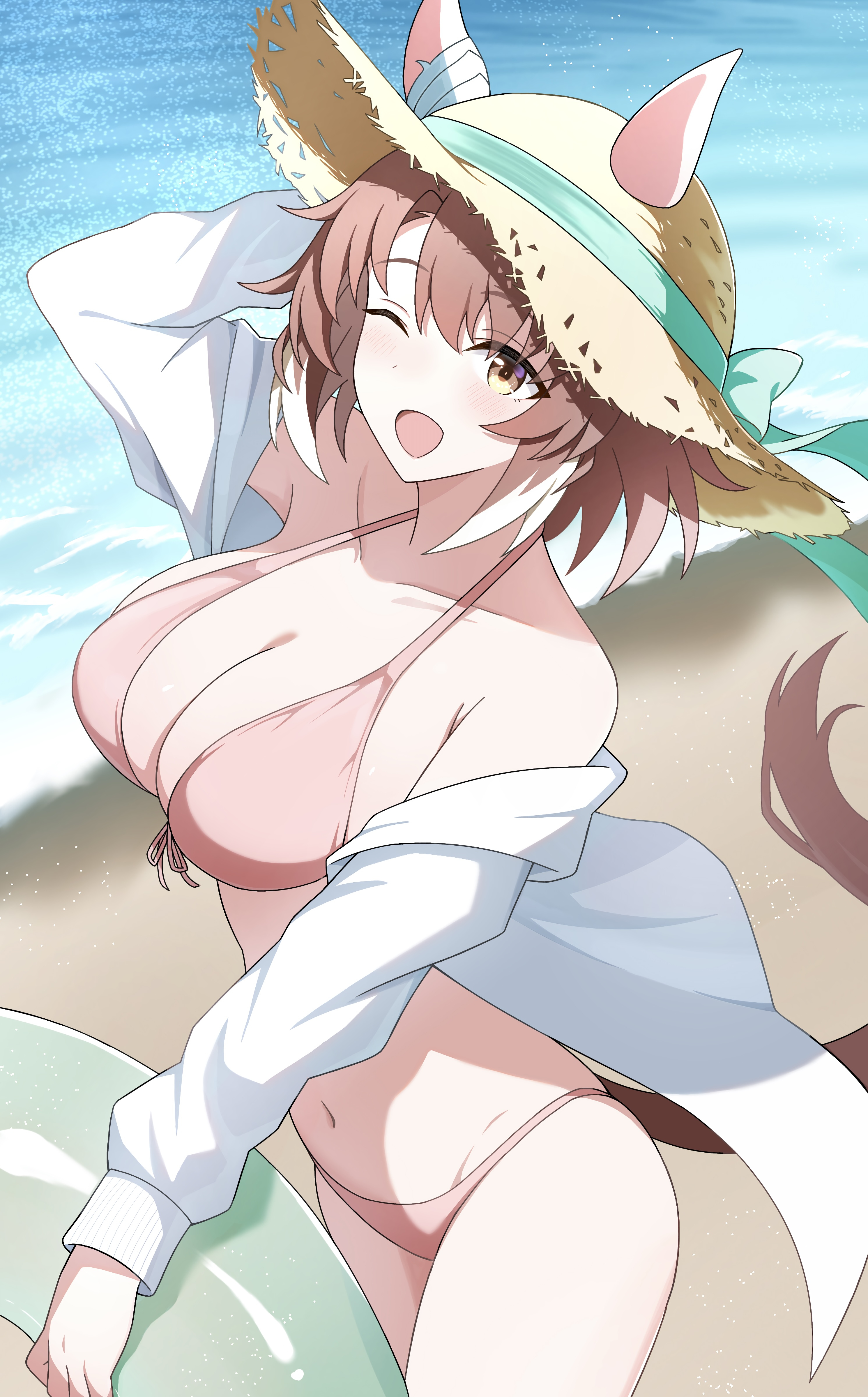 y k (user maxh5525), dantsu flame (umamusume), umamusume, absurdres, commentary request, highres, 1girl, alternate costume, animal ears, bare shoulders, beach, bikini, blush, breasts, brown hair, brown hat, brown tail, cleavage, green innertube, hat, holding, holding swim ring, horse ears, horse girl, horse tail, innertube, large breasts, long sleeves, looking at viewer, navel, ocean, off shoulder, one eye closed, open mouth, outdoors, pink bikini, shirt, smile, solo, straw hat, swim ring, swimsuit, tail, thighs, white hair, white shirt