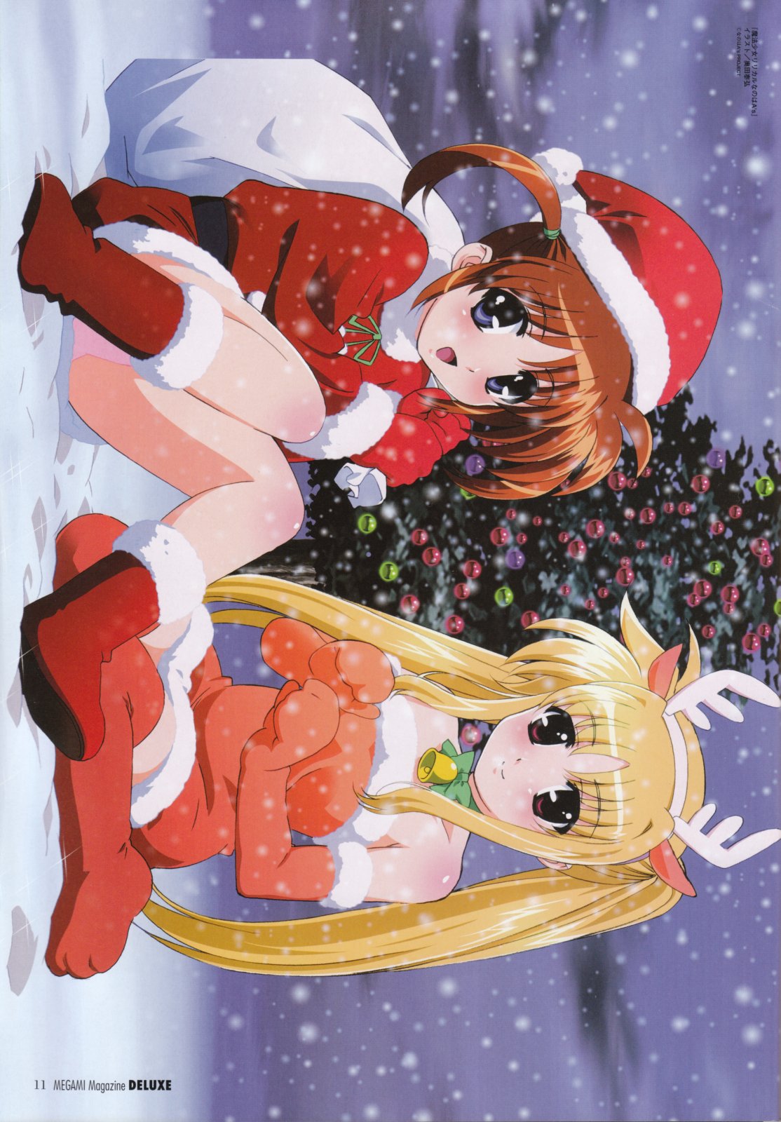 okuda yasuhiro, fate testarossa, takamachi nanoha, lyrical nanoha, mahou shoujo lyrical nanoha, mahou shoujo lyrical nanoha a's, megami deluxe, megami magazine, orange legwear, red legwear, highres, official art, scan, 2girls, :d, alternate costume, animal costume, animal ears, animal hands, antlers, bare shoulders, bell, belt, blonde hair, blue eyes, blush, body blush, boots, bow, breasts, brown hair, choker, christmas, christmas ornaments, christmas tree, closed mouth, cloud, cloudy sky, cosplay, deer ears, dress, elbow gloves, fake animal ears, fake antlers, fur trim, gloves, hair tie, hairband, happy, hat, holding, horns, knees up, light smile, long hair, looking at viewer, multiple girls, neck bell, on ground, open mouth, orange boots, orange dress, orange gloves, outdoors, over shoulder, page number, panties, pantyshot, parted bangs, paw gloves, paw shoes, pink panties, red boots, red dress, red eyes, red gloves, reindeer antlers, reindeer costume, ribbon, sack, santa costume, santa hat, shoes, short dress, short hair, short twintails, sidelocks, sideways, sitting, sky, small breasts, smile, snow, snowing, strapless, strapless dress, thigh boots, thighhighs, tree, twintails, underwear, very long hair, wariza, zettai ryouiki