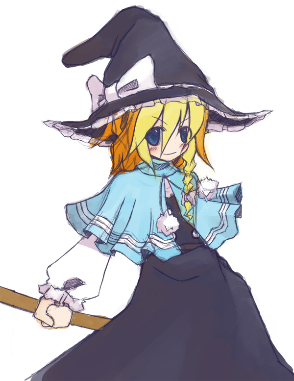 kirisame marisa, touhou, 1girl, blonde hair, blue eyes, dress, female focus, hat, simple background, solo, white background, witch, witch hat