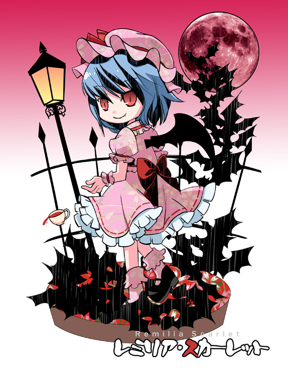 hayashi tsugumi, remilia scarlet, touhou, 1girl, blue hair, fang, female focus, full body, gradient background, hat, lamppost, moon, outdoors, red eyes, red moon, short hair, sky, solo, white background