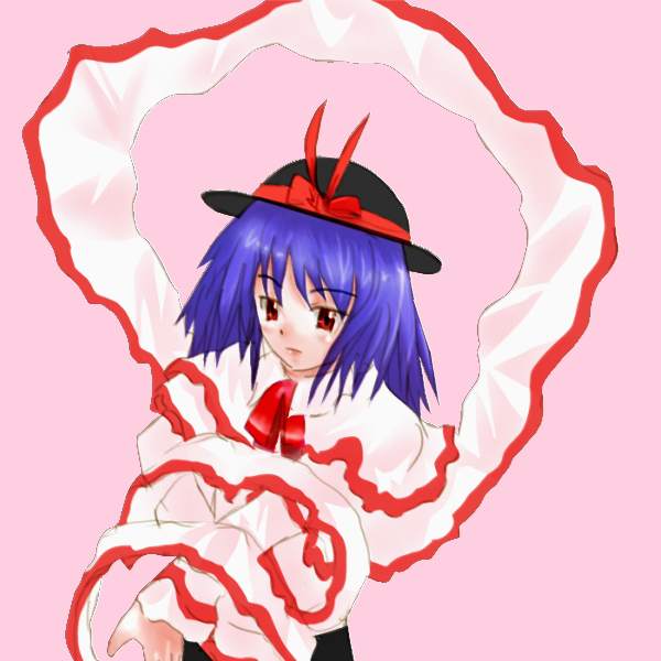 gak, nagae iku, touhou, 1girl, blue hair, female focus, hat, red eyes, simple background, solo, upper body