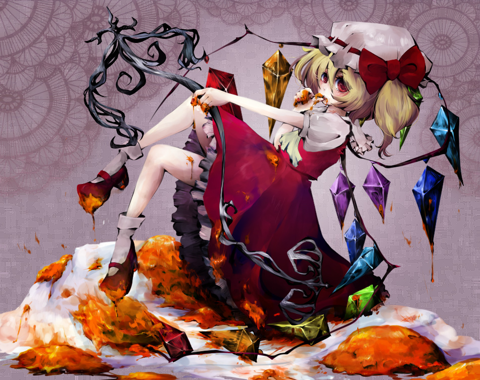 yonago, flandre scarlet, touhou, bad id, bad pixiv id, 1girl, blonde hair, cake, female focus, food, hat, mob cap, one side up, pastry, ponytail, red eyes, short hair, side ponytail, solo, wings