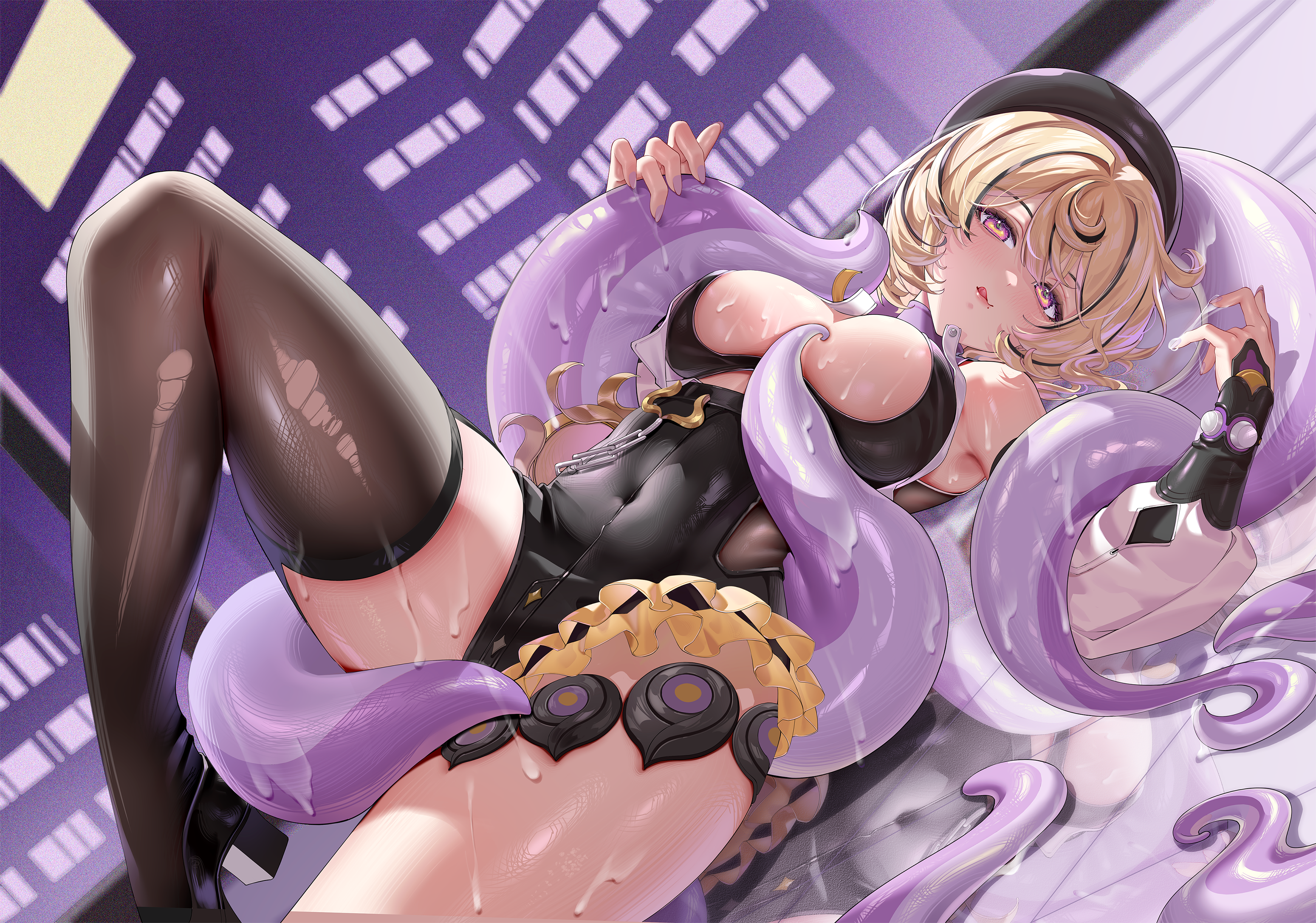 kururu (qqqqq59508750), yidhari (zenless zone zero), zenless zone zero, highres, paid reward available, 1girl, black shoes, black thighhighs, blonde hair, blush, breasts, high heels, large breasts, looking at viewer, mole, mole under mouth, monster girl, multicolored eyes, multicolored hair, pantyhose, scylla, shoes, short hair, slime (substance), solo, tentacles, thighhighs, tongue, tongue out, torn clothes, torn pantyhose, torn thighhighs