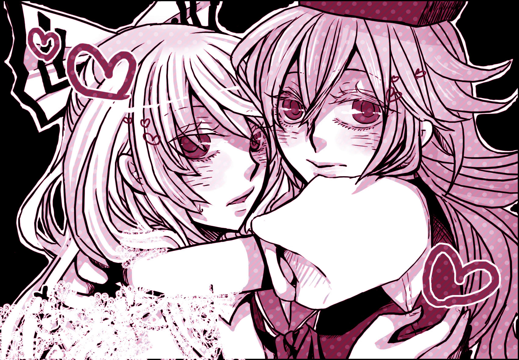 arou (pixiv16794), arou (wc), aruu, fujiwara no mokou, kamishirasawa keine, touhou, bad id, bad pixiv id, highres, 2girls, female focus, heart, hug, monochrome, multiple girls, pink theme