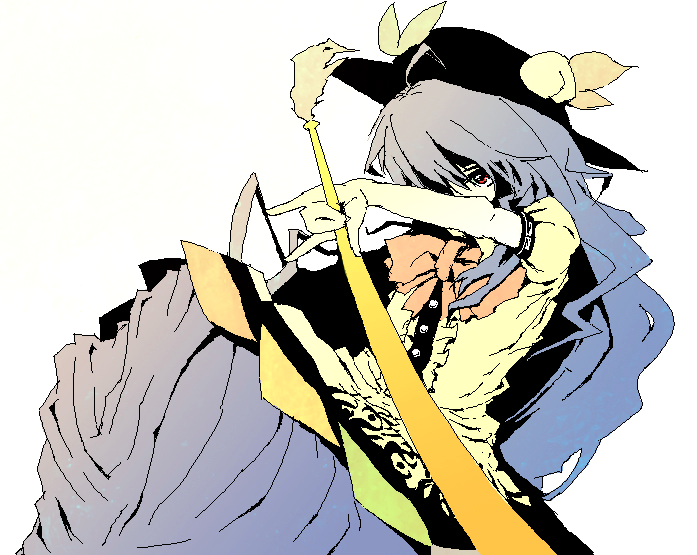 pinfu, hinanawi tenshi, touhou, bad id, bad pixiv id, 1girl, female focus, food, fruit, hat, peach, solo, sword, sword of hisou, weapon