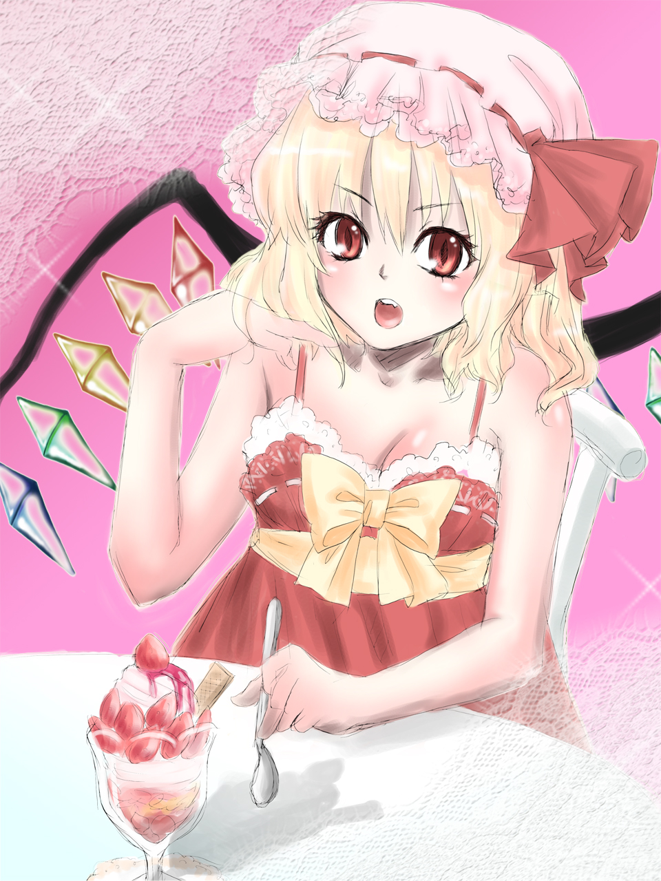 yuu (hi lite), flandre scarlet, touhou, highres, 1girl, alternate costume, blonde hair, blush, breasts, cleavage, dress, female focus, food, fruit, hat, mob cap, open mouth, parfait, pink background, red eyes, solo, strawberry, strawberry parfait, wings