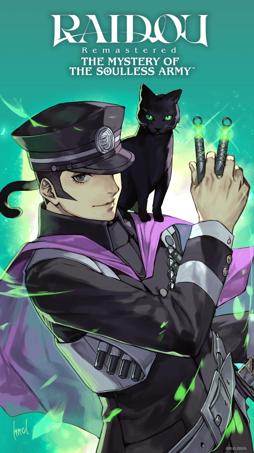 hungry clicker, gouto, kuzunoha raidou, devil summoner: raidou kuzunoha vs the soulless army, devil summoner (series), highres, official art, 1boy, belt, black cat, black hair, black hat, black jacket, cape, cat, copyright name, gakuran, green background, grey eyes, hat, jacket, male focus, one eye covered, peaked cap, purple cape, school uniform, short hair, smile, solo, upper body