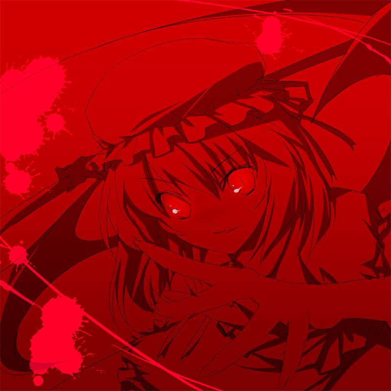 47agdragon, remilia scarlet, touhou, 1girl, bat wings, blood, female focus, hat, looking at viewer, monochrome, red background, red eyes, red theme, short hair, slit pupils, solo, weapon, wings