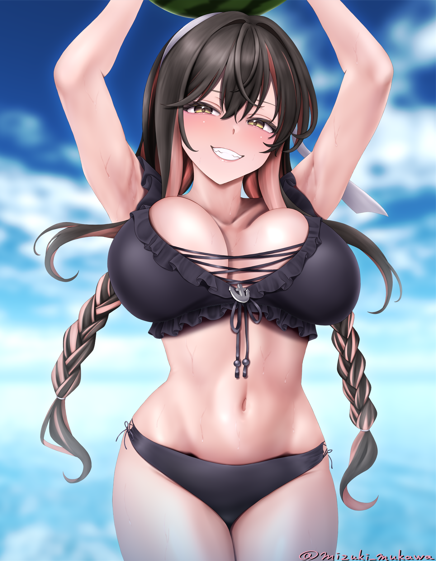 mizuki mukawa, naganami (kancolle), naganami kai ni (swimsuit) (kancolle), kantai collection, highres, 1girl, beach, bikini, black bikini, black hair, blue sky, braid, breasts, cloud, criss-cross straps, food, frilled bikini, frills, fruit, hairband, large breasts, long hair, looking at viewer, low twin braids, multicolored hair, navel, ocean, outdoors, pink hair, sky, solo, swimsuit, twin braids, twitter username, two-tone hair, watermelon, wavy hair, white hairband