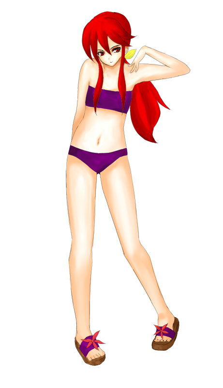 kotohime (touhou), phantasmagoria of dim.dream, touhou, touhou (pc-98), bad id, bad pixiv id, 1girl, bad anatomy, bikini, female focus, poorly drawn, red eyes, red hair, sidelocks, simple background, solo, swimsuit