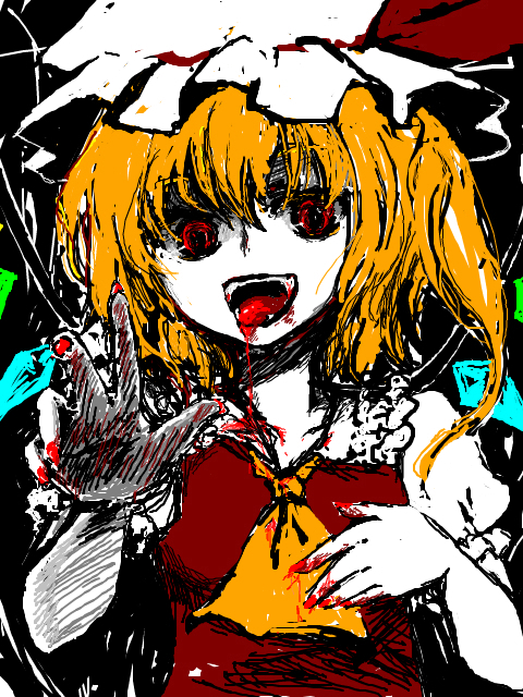 itsuki kuro, flandre scarlet, touhou, bad id, bad pixiv id, 1girl, blood, blouse, claws, fangs, female focus, fingernails, hair between eyes, hat, mob cap, red eyes, shirt, solo, white hat, white shirt, wings