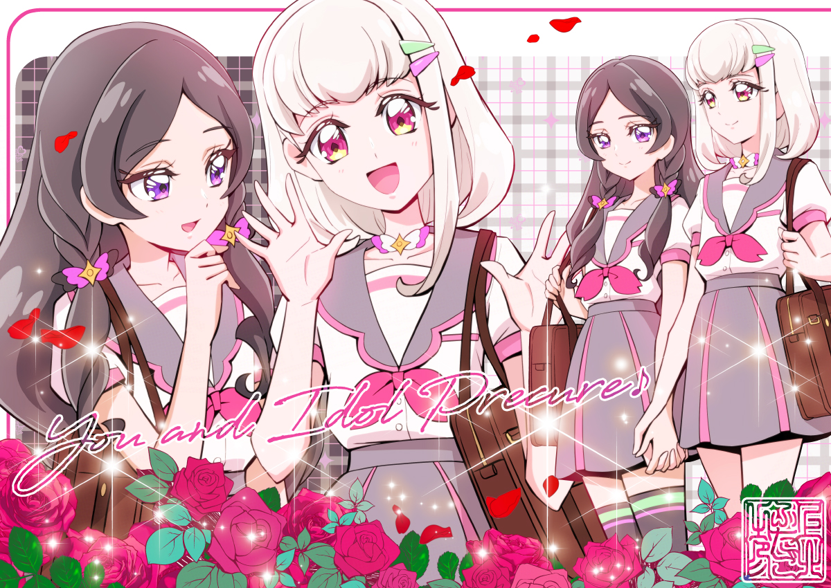 kamikita futago, meroron (precure), purirun (precure), kimi to idol precure, precure, 2girls, artist logo, bag, bare arms, black hair, black socks, blonde hair, blunt bangs, bob cut, braid, brown bag, choker, collarbone, falling petals, flower, gingham background, hair ornament, hair ribbon, hair tie, hairpin, holding hands, kneehighs, leaf, logo, long hair, looking at another, looking at viewer, low twin braids, low twintails, meroron (civilian) (precure), miniskirt, multiple girls, neck, open mouth, parted bangs, petals, pink eyes, purirun (civilian) (precure), purple eyes, red flower, red rose, ribbon, ribbon choker, rose, rose petals, sailor, sailor collar, school, school uniform, shirt, short sleeves, shoulder bag, signature, skirt, smile, socks, twin braids, twintails, upper body, waving hands, white shirt