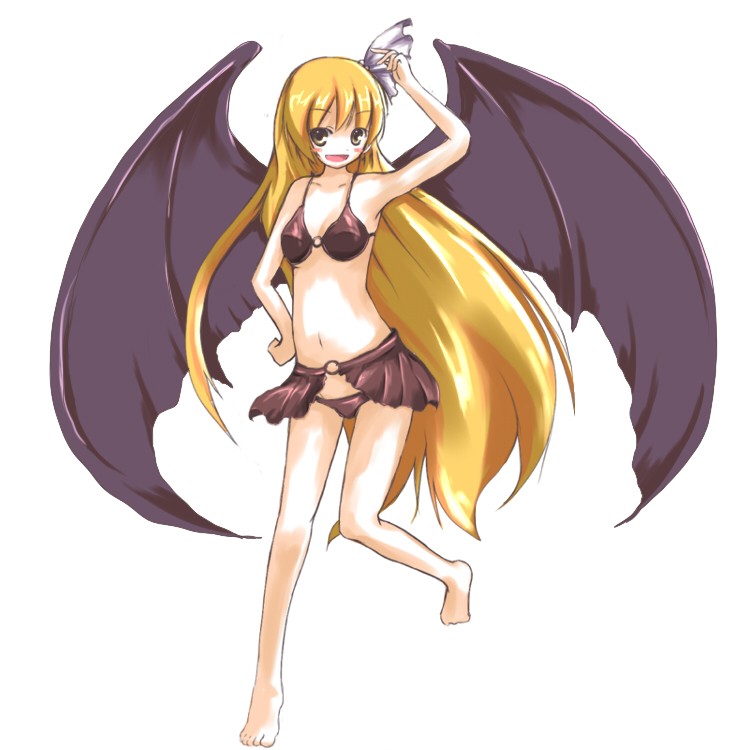 crot (pixiv), kuroto (asgardh), kurumi (touhou), lotus land story, touhou, touhou (pc-98), 1girl, bat wings, bikini, blonde hair, blush stickers, female focus, long hair, solo, swimsuit, vampire, white background, wings