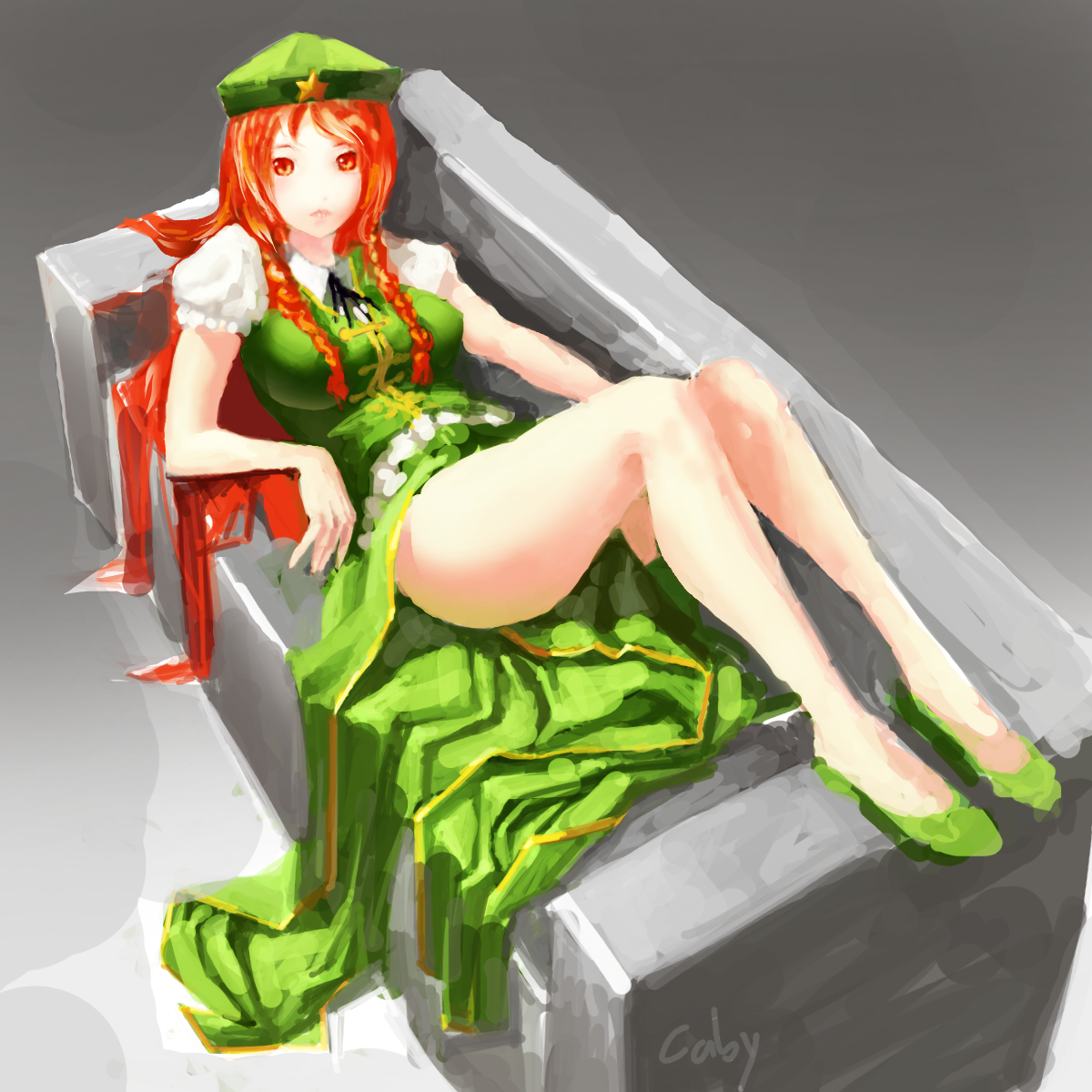 caby (pixiv), hong meiling, embodiment of scarlet devil, touhou, bad id, bad pixiv id, highres, 1girl, braid, couch, female focus, full body, hat, long hair, red eyes, red hair, solo, twin braids