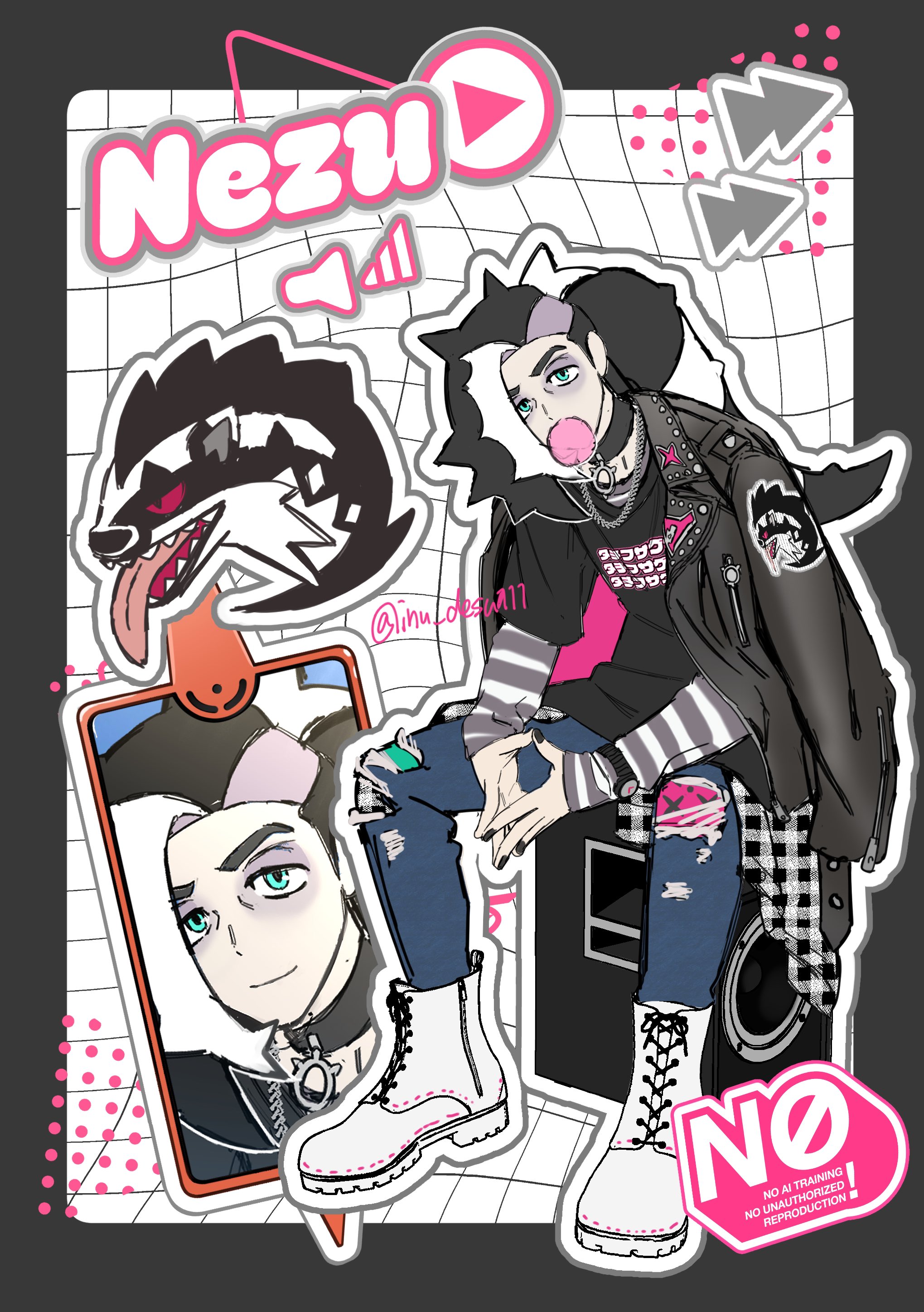 shiba (tonari no shiba inu), obstagoon, piers (pokemon), nintendo, pokemon, pokemon swsh, absurdres, commentary, highres, 1boy, alternate costume, black collar, black nails, boots, border, character name, collar, eyeshadow, gen 8 pokemon, green eyes, grey eyeshadow, grid background, jacket, jacket on shoulders, long hair, makeup, male focus, multicolored hair, nail polish, outline, pants, phone, pokemon (creature), sitting, steepled fingers, torn clothes, torn pants, twitter username, watermark, white boots, zipper pull tab