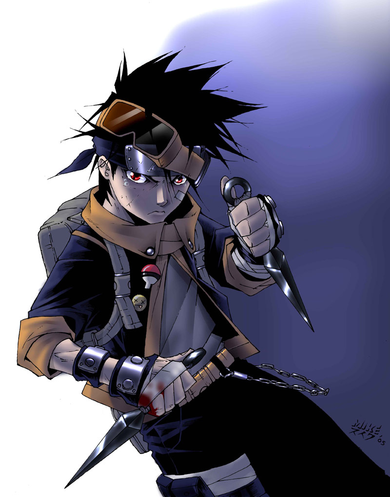 mike nesbitt, uchiha obito, naruto (series), naruto shippuuden, naruto, backpack, bag, bandages, belt, black hair, forehead protector, glasses, kunai, red eyes, weapon