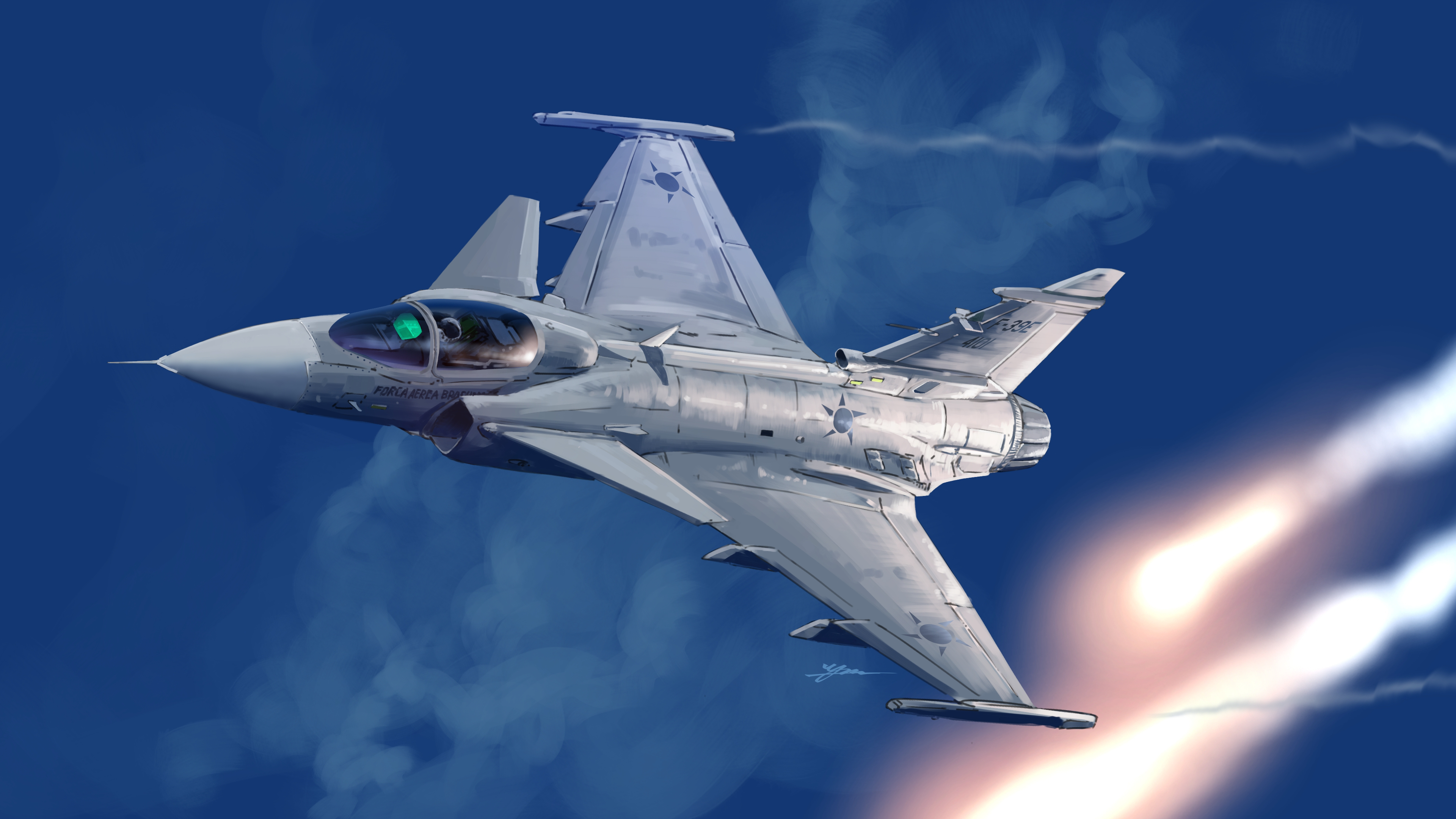 kudryavka trop, saab gripen, original, absurdres, commentary request, highres, 1other, aircraft, airplane, blue sky, brazilian air force, canards, canopy (aircraft), cockpit, contrail, day, fighter jet, flares (countermeasure), flight suit, helmet, military, military vehicle, outdoors, pilot, pilot helmet, roundel, signature, sky, smoke, vehicle focus