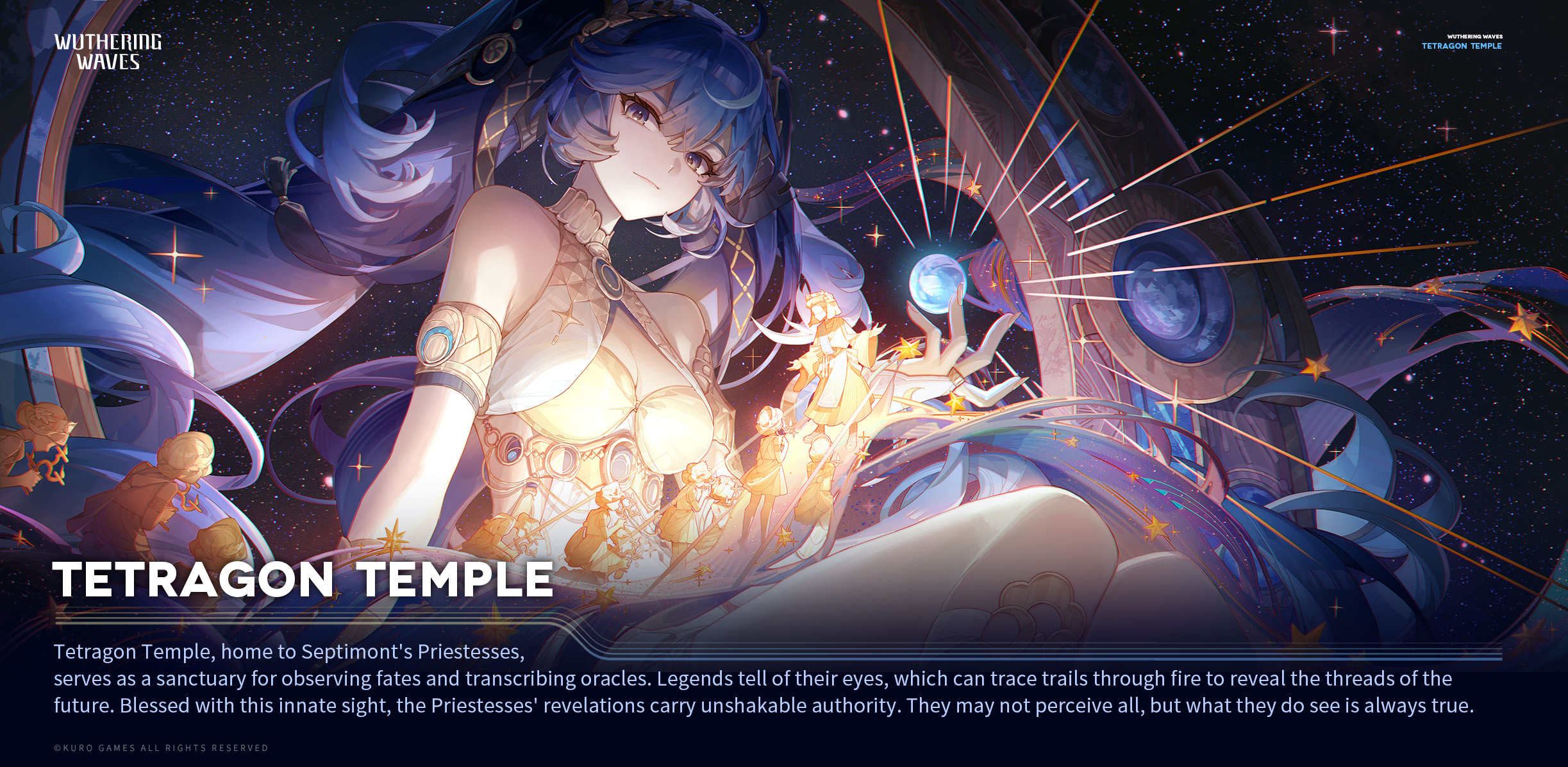 iuno (wuthering waves), wuthering waves, commentary, english commentary, highres, official art, 1girl, ancient greek clothes, armlet, bare shoulders, blue eyes, blue hair, breasts, cleavage, closed mouth, english text, fingernails, gold bra, greco-roman clothes, hair belt, hand up, head wreath, jewelry, logo, long hair, medium breasts, multicolored hair, orb, sitting, sky, smile, solo, star (sky), starry sky, streaked hair, twintails, very long hair