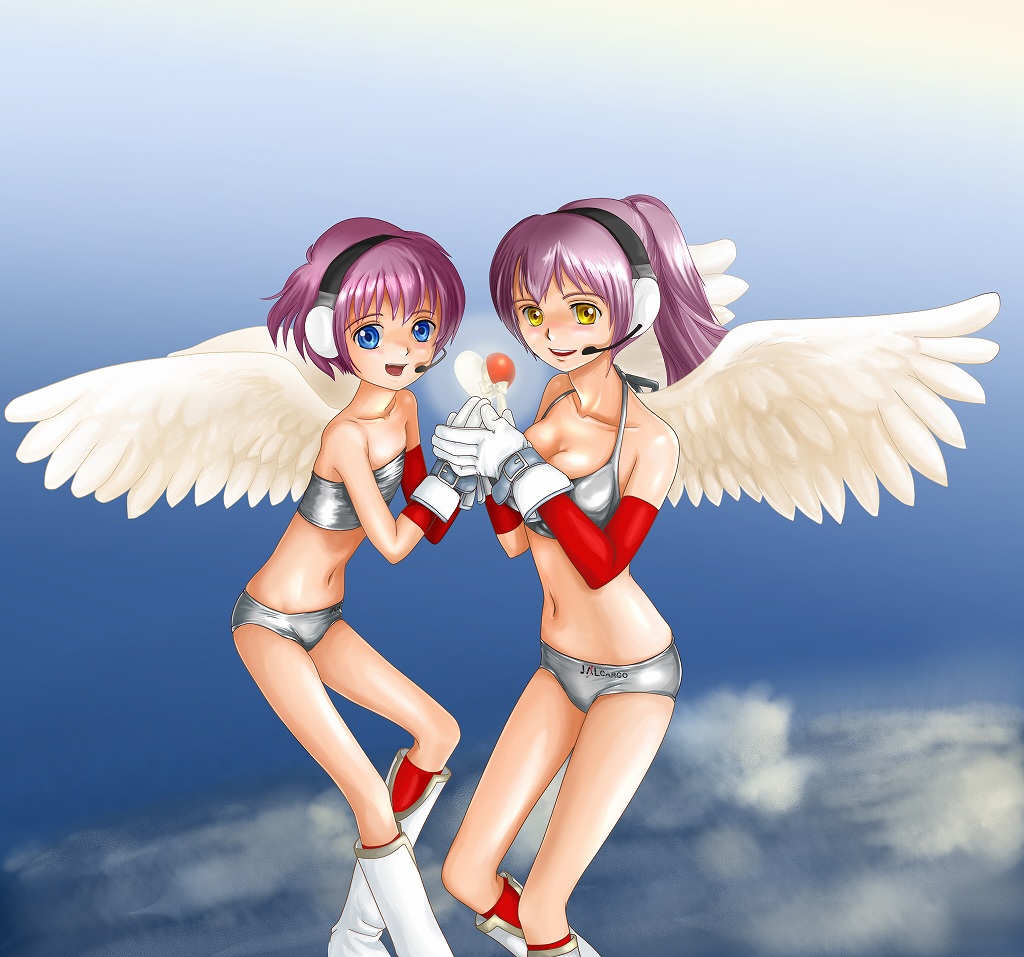 flight airplanes, japan airlines, 2girls, bikini, blue eyes, boots, breasts, cloud, flat chest, gloves, headset, heart, large breasts, multiple girls, purple hair, sky, swimsuit, wings, yellow eyes