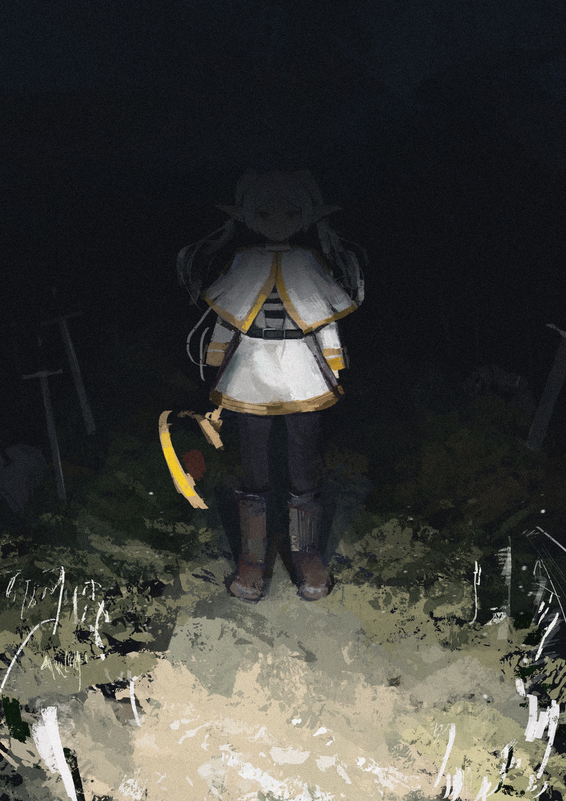 koukouya, frieren, sousou no frieren, absurdres, highres, 1girl, belt, black belt, black pantyhose, boots, capelet, closed mouth, dark, dress, elf, expressionless, full body, gold trim, holding, holding staff, jacket, long hair, looking at viewer, mage staff, night, outdoors, pantyhose, parted bangs, planted, planted sword, planted weapon, pointy ears, shirt, solo, staff, standing, straight-on, striped clothes, striped shirt, sword, twintails, underlighting, weapon, white capelet, white dress, white hair, white jacket