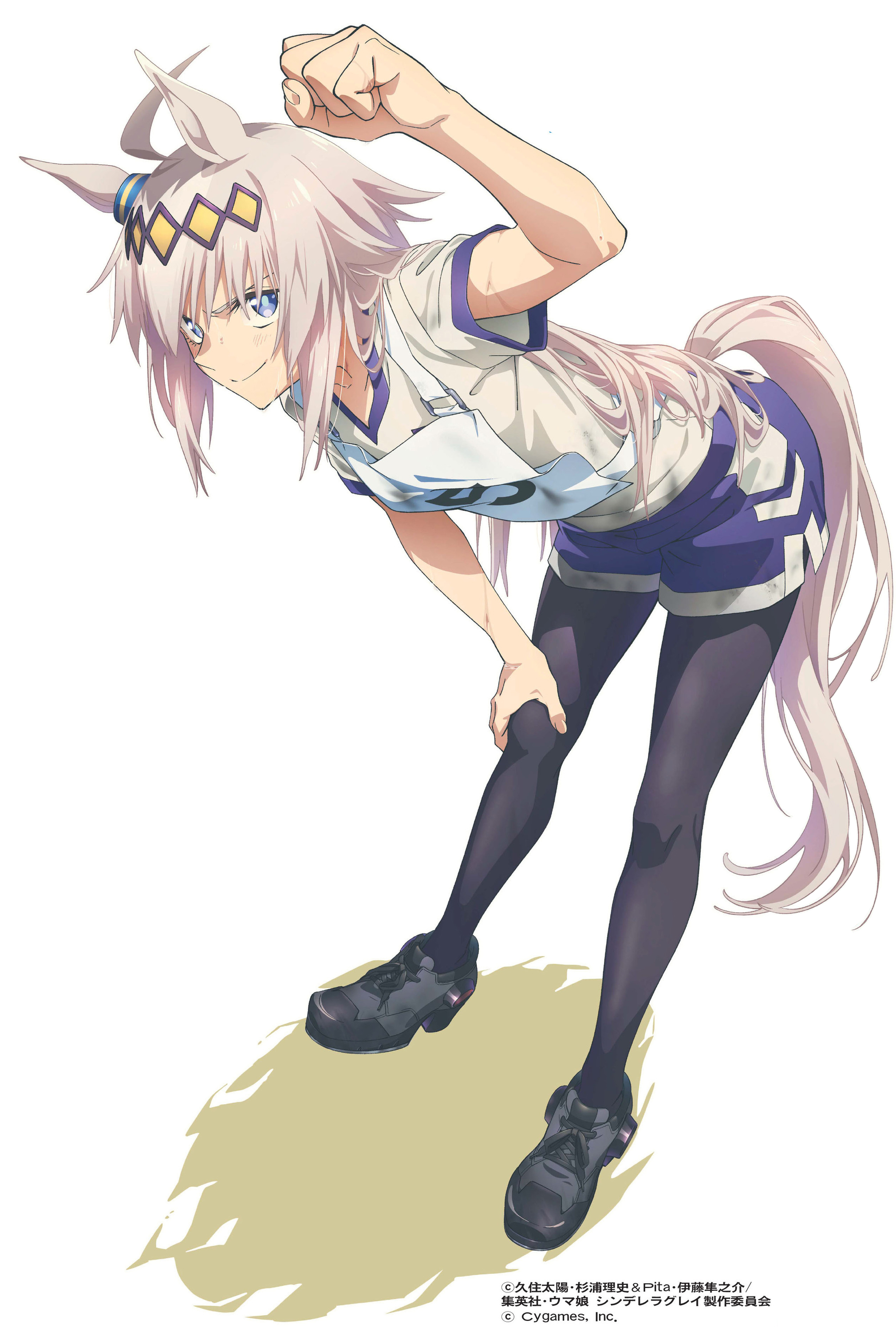 oguri cap (umamusume), umamusume, umamusume: cinderella gray, absurdres, cleaned, highres, official art, scan, translation request, 1girl, ahoge, animal ears, arm up, black pantyhose, black shoes, blue eyes, clenched hand, closed mouth, collarbone, dirty, dirty clothes, dirty face, dust, ear ornament, female focus, fisting, full body, gold tiara, grey tail, gym uniform, hair ornament, hairband, horse ears, horse girl, horse tail, japanese text, leaning forward, light particles, long hair, looking at viewer, multicolored hair, official alternate costume, pants, pantyhose, purple shorts, running shoes, shadow, shirt, shoes, short sleeves, shorts, simple background, smile, solo, solo focus, t-shirt, tail, track pants, two-tone hair, white background, white shirt