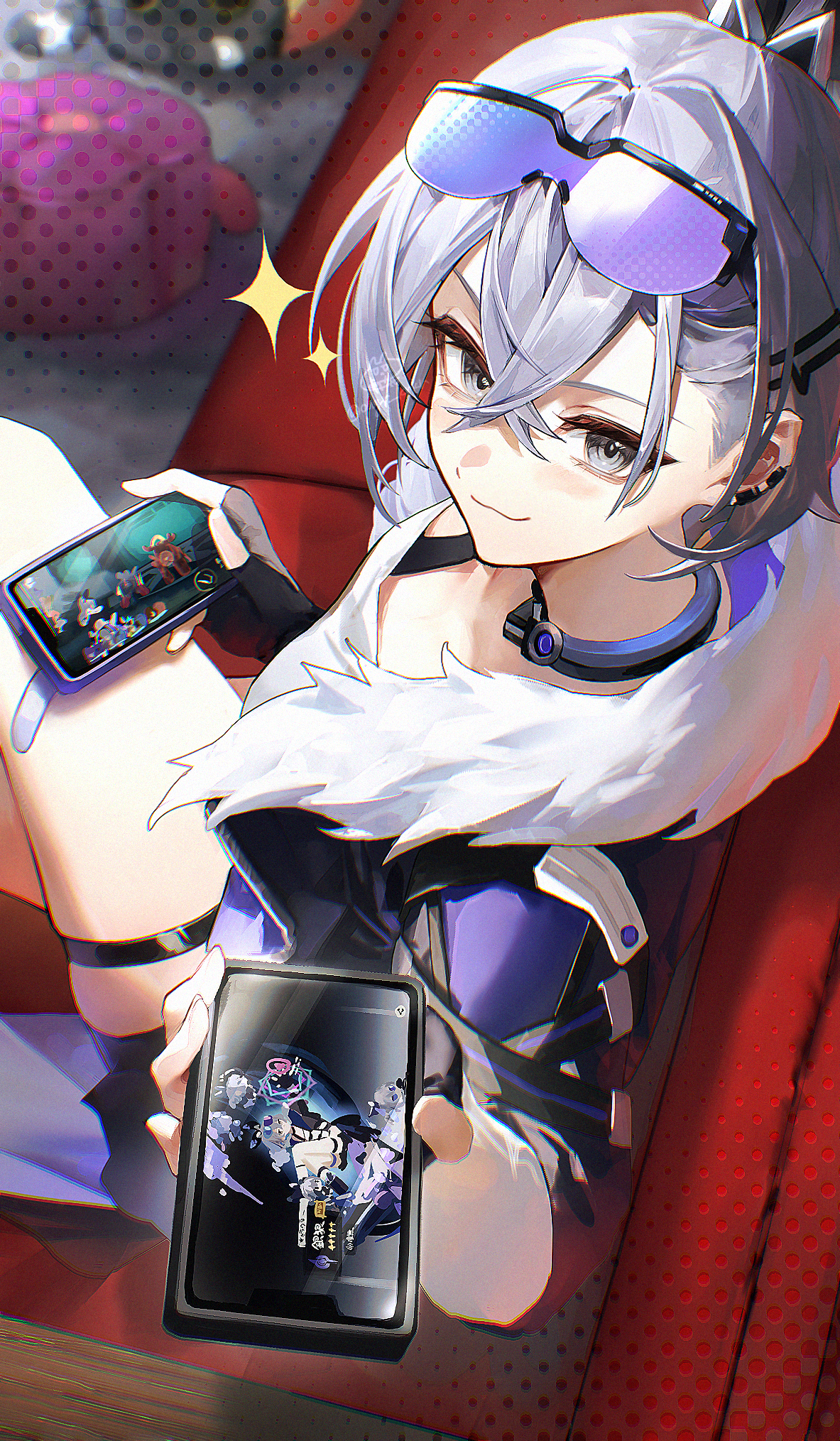 nogi (nokisaki), silver wolf (honkai: star rail), honkai: star rail, honkai (series), highres, 1girl, black bra, black gloves, black jacket, black shorts, bra, breasts, cellphone, choker, closed mouth, collarbone, couch, cowboy shot, crossed bangs, earrings, eyewear on head, fingerless gloves, fur-trimmed jacket, fur trim, gloves, goggles, goggles on head, gradient-tinted eyewear, grey eyes, grey hair, hair between eyes, hair ornament, hairclip, halftone, holding, jacket, jewelry, long hair, looking at viewer, official art inset, on couch, phone, playing games, ponytail, pov, purple-tinted eyewear, shirt, short shorts, shorts, sitting, small breasts, smile, solo, sparkle, thigh strap, tinted eyewear, underwear, watermark, white shirt