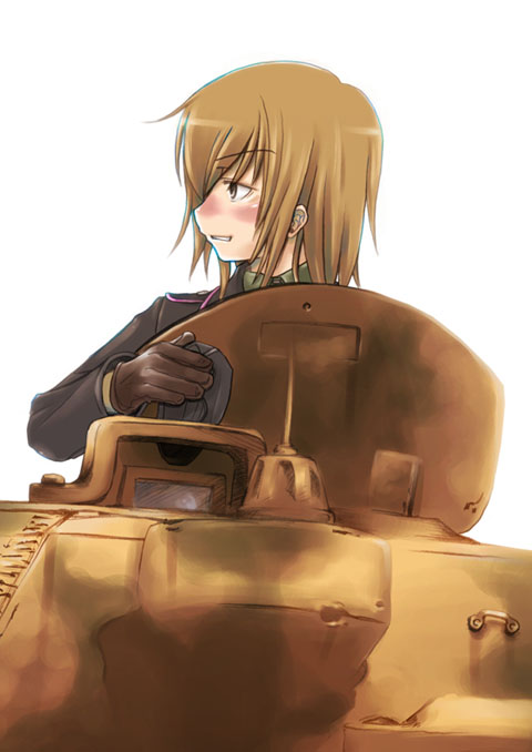vehicle, 1girl, blush, brown hair, female focus, gloves, grin, hair between eyes, long sleeves, looking to the side, military, military uniform, military vehicle, motor vehicle, profile, short hair, simple background, smile, solo, tank, upper body, white background