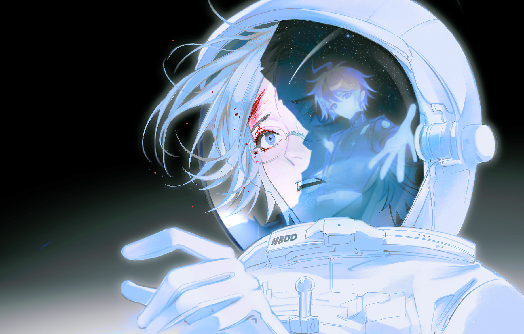 ropi (gmkr 66), aotsuki eito, sumino takumi, the hundred line -last defense academy-, commentary, english commentary, highres, 2boys, black background, blood, blood on face, blue eyes, broken helmet, glasses, gloves, gradient background, helmet, last defense academy school uniform, male focus, multicolored hair, multiple boys, open hand, open mouth, outstretched arms, reflection, school uniform, shooting star, simple background, space helmet, spacesuit, star (sky), streaked hair, upper body, white background, white gloves