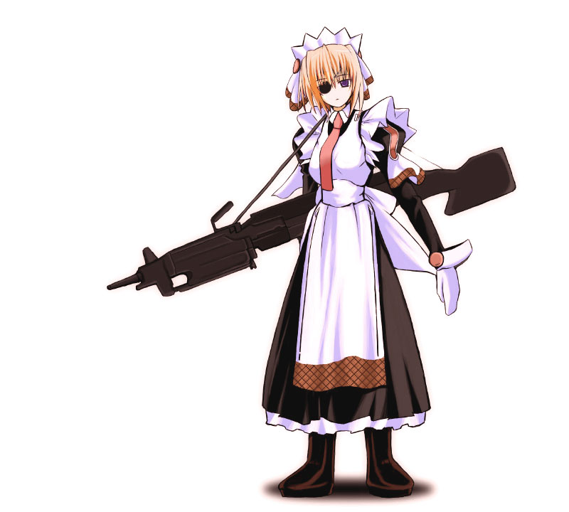 uniform, apron, boots, combat maid, eyepatch, gloves, gun, light machine gun, m249 saw, machine gun, maid, maid apron, solo, squad automatic weapon, weapon