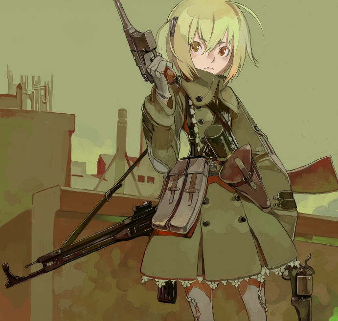fakepucco, original, 1girl, assault rifle, belt, blonde hair, camouflage, dress, dual wielding, explosive, female focus, frown, grenade, gun, handgun, holding, mauser c96, pistol, revolver, rifle, short hair, solo, stg44, twintails, weapon, yellow eyes