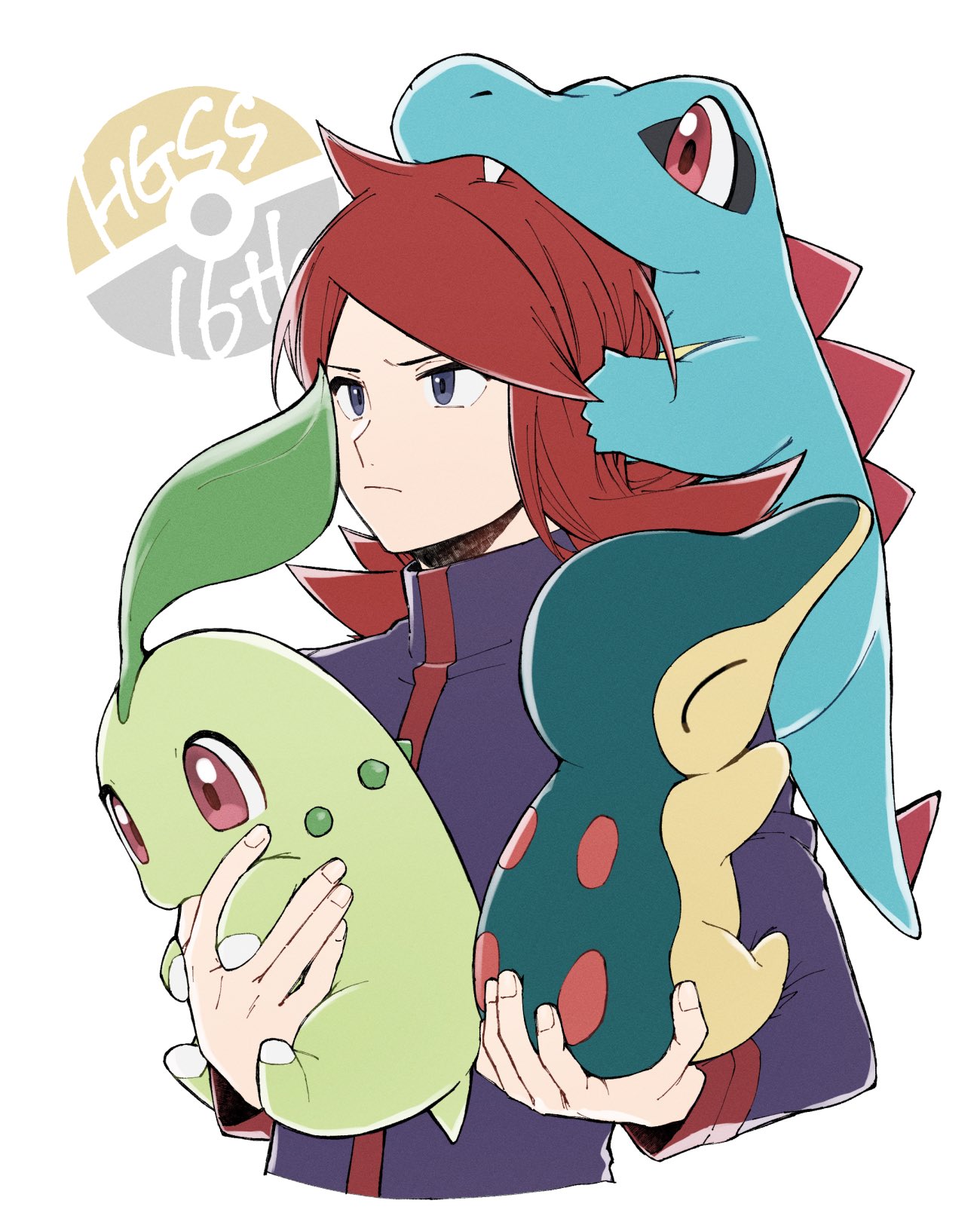mocollie, chikorita, cyndaquil, silver (pokemon), totodile, nintendo, pokemon, pokemon hgss, commentary, highres, symbol-only commentary, 1boy, anniversary, closed mouth, gen 2 pokemon, grey eyes, holding, holding pokemon, jacket, long hair, long sleeves, male focus, on head, parted bangs, pokemon (creature), pokemon on head, purple jacket, red hair, starter pokemon trio, white background