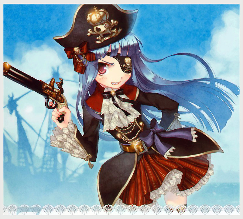 asaki yuzuno, yuzuno asaki, 1girl, antique firearm, ascot, belt, blue hair, blush, bow, cloud, eyepatch, female focus, firearm, firelock, flintlock, frills, gun, handgun, hat, long hair, pirate, pistol, red eyes, ship, skirt, skull, skull and crossbones, solo, tricorne, watercraft, weapon