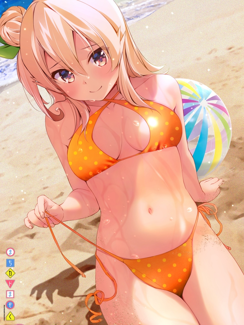 chuutaro metal, hinatsuki mikan, machikado mazoku, commentary request, 1girl, arm support, ball, beach, beachball, bikini, blush, breasts, closed mouth, hair between eyes, hair bun, long hair, looking at viewer, navel, ocean, orange bikini, orange eyes, orange hair, polka dot, polka dot bikini, shadow, sitting, small breasts, smile, solo, string bikini, swimsuit, thighs, wet