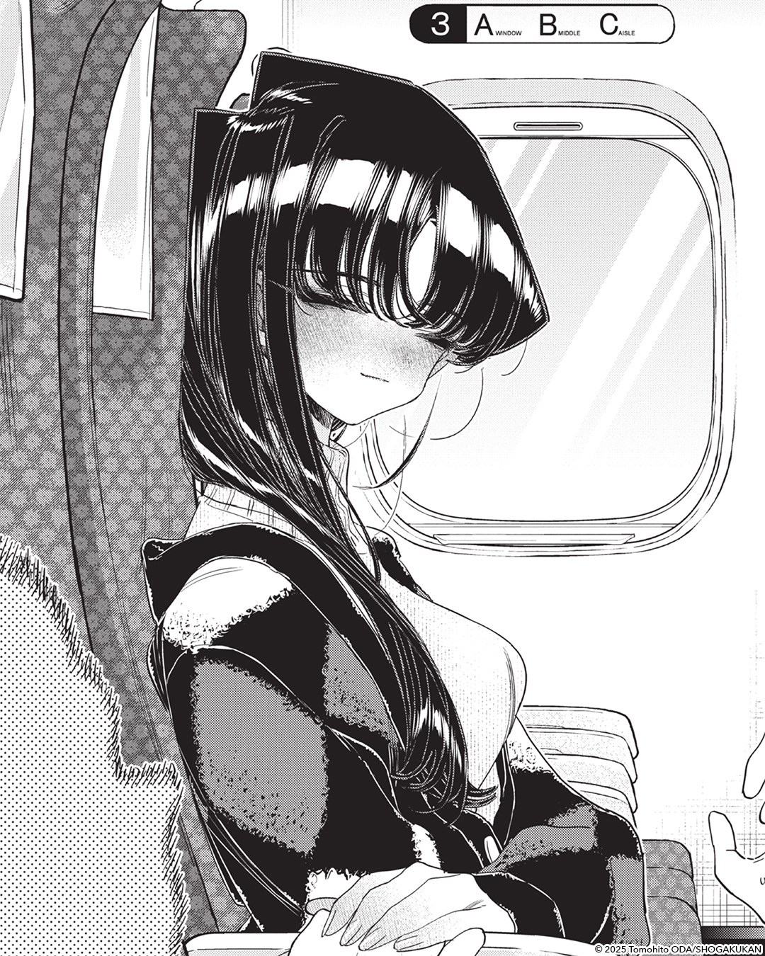oda tomohito, komi shouko, komi-san wa komyushou desu, highres, official art, 1boy, 1girl, aircraft, airplane, blush, closed eyes, hand on another's hand, hetero, high collar, jacket, light smile, long hair, long sleeves, monochrome, smile, sweater, window