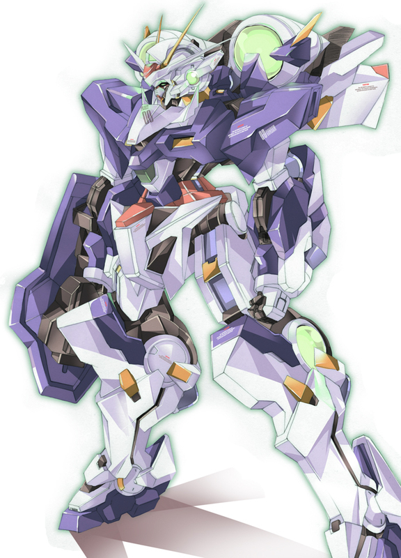 megamouth system, 00 gundam, exia, gundam, gundam 00, original, 00s, armor, arms at sides, clenched hands, full body, glowing, green eyes, mecha, no humans, robot, shield, simple background, standing, white background