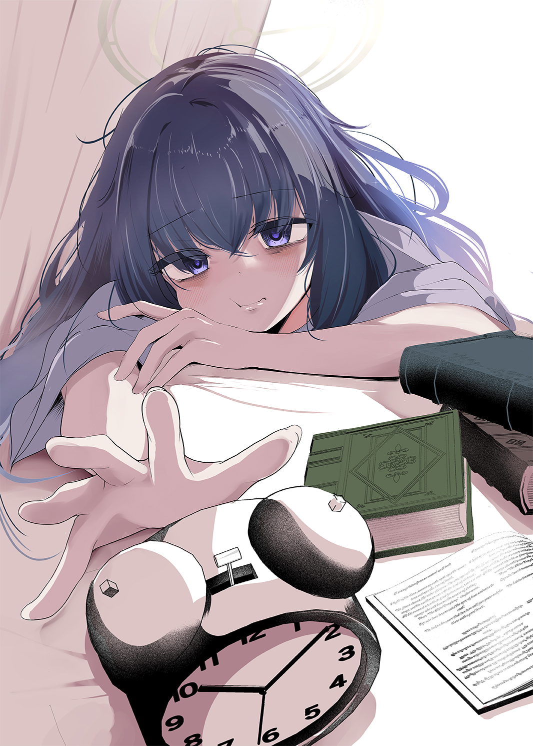 eryuus3, ui (blue archive), blue archive, commentary request, highres, 1girl, :t, alarm clock, bags under eyes, black hair, book, book stack, clock, halo, head rest, indoors, long hair, looking at object, purple eyes, reaching, solo