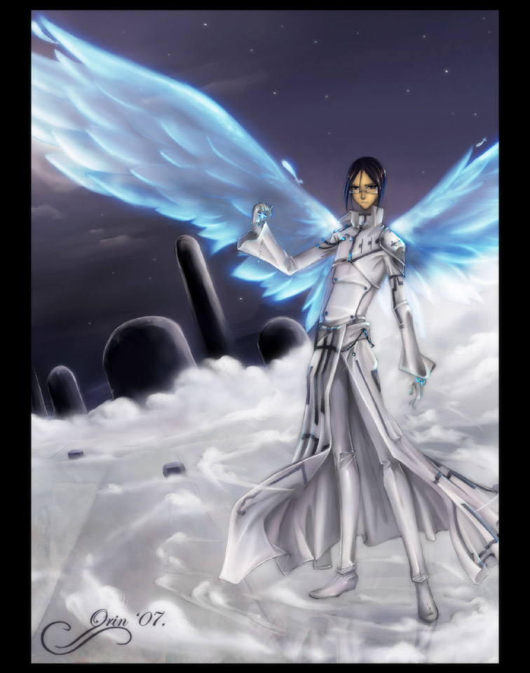 orin, ishida uryuu, bleach, tagme, black hair, glasses, night, wings