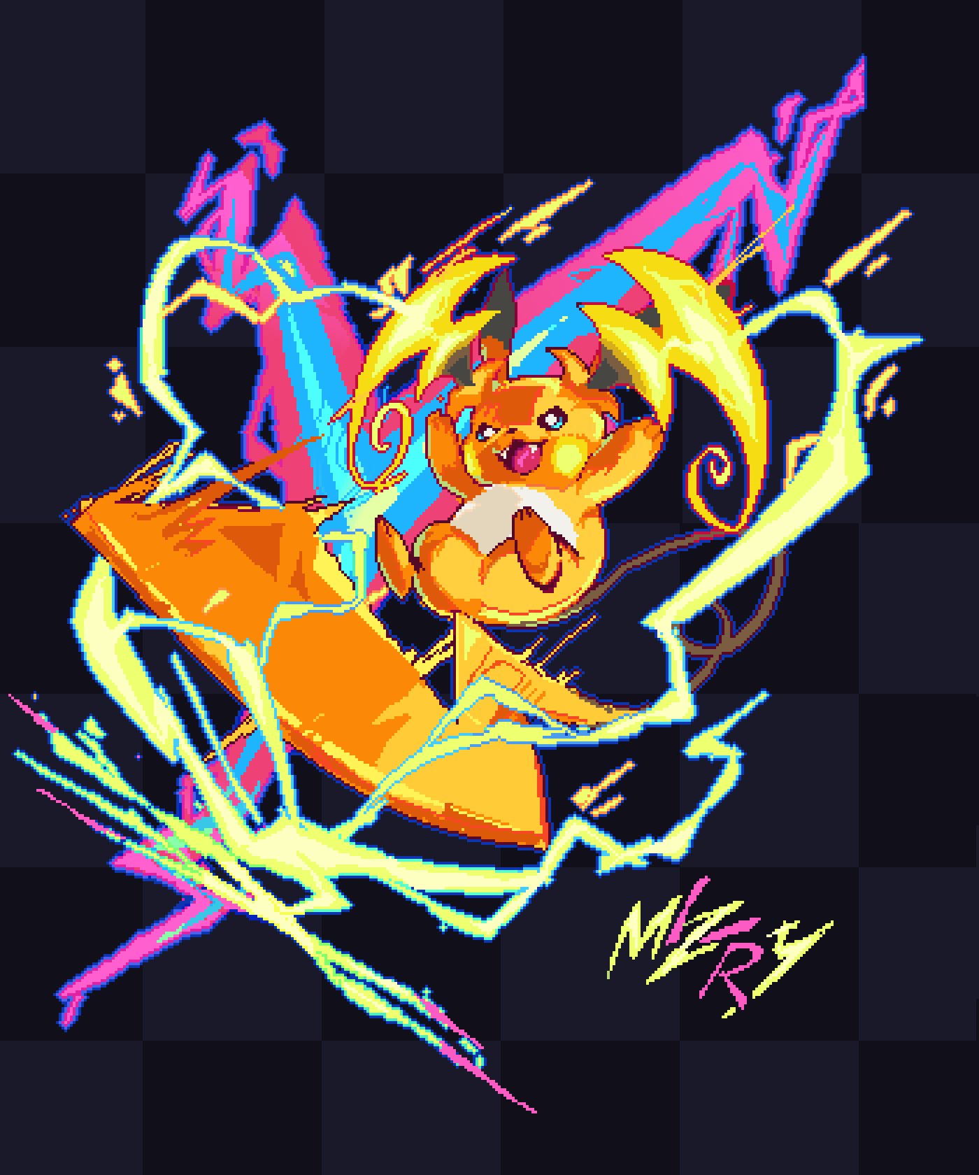 mil zery, mega raichu y, raichu, nintendo, pokemon, commentary, english commentary, highres, :3, artist name, blue outline, bright pupils, checkered background, electricity, fangs, full body, gen 1 pokemon, mega pokemon, motion blur, no humans, open mouth, outline, pixel art, pokemon (creature), pokemon focus, smile, white pupils