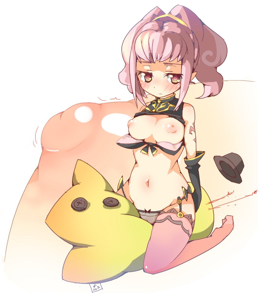 prnt, anya alstreim, cheese-kun, code geass, pizza hut, striped, 00s, 1girl, between thighs, blush, breasts, elbow gloves, female focus, gloves, hat, large breasts, nipples, panties, pink eyes, pink hair, puffy nipples, solo, tattoo, thighhighs, thighs, underwear
