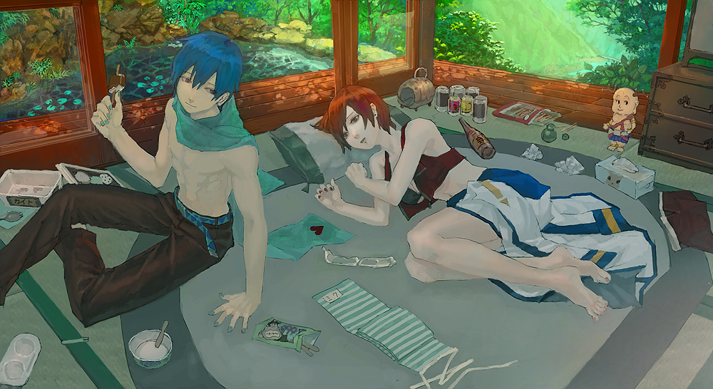 munashichi, kaito (vocaloid), meiko (vocaloid), sento-kun, vocaloid, bad id, bad pixiv id, 1boy, 1girl, barefoot, belt, blue eyes, blue hair, condom, flower, food, grass, ice cream, lilies, lily (flower), lying, pale skin, red eyes, red hair, sitting, statue, tissue, tupet, water