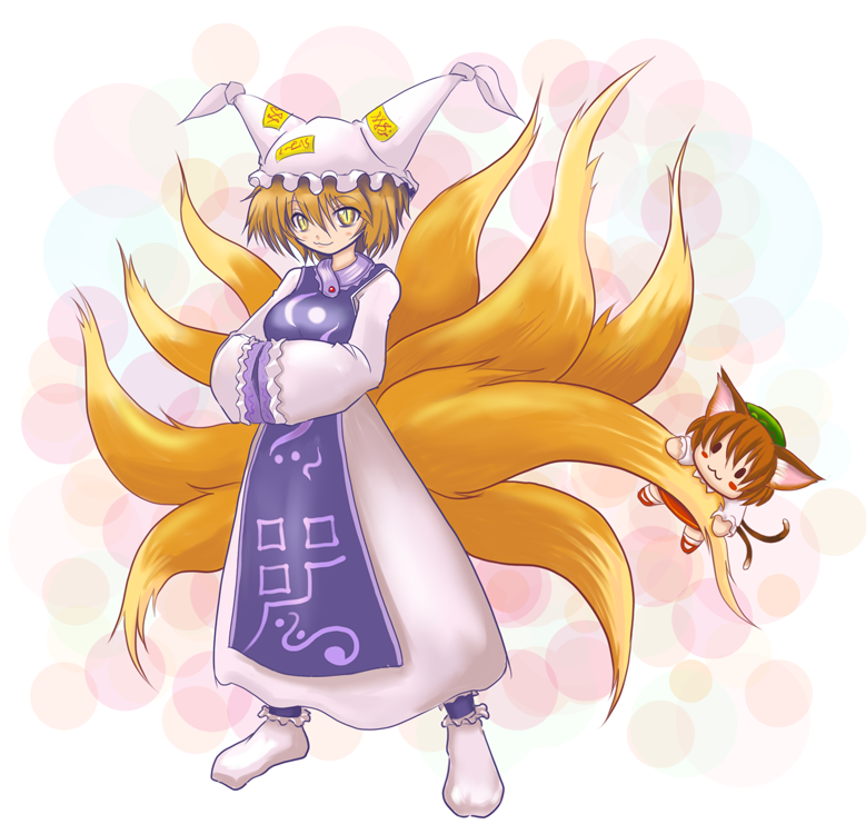 madara, madara inosuke, chen, yakumo ran, touhou, 2girls, :3, animal ears, animal hat, blonde hair, cat ears, cat girl, cat tail, female focus, fox ears, fox tail, hat, hug, hugging another's tail, hugging tail, long sleeves, mob cap, multiple girls, multiple tails, short hair, tail, tassel, wide sleeves