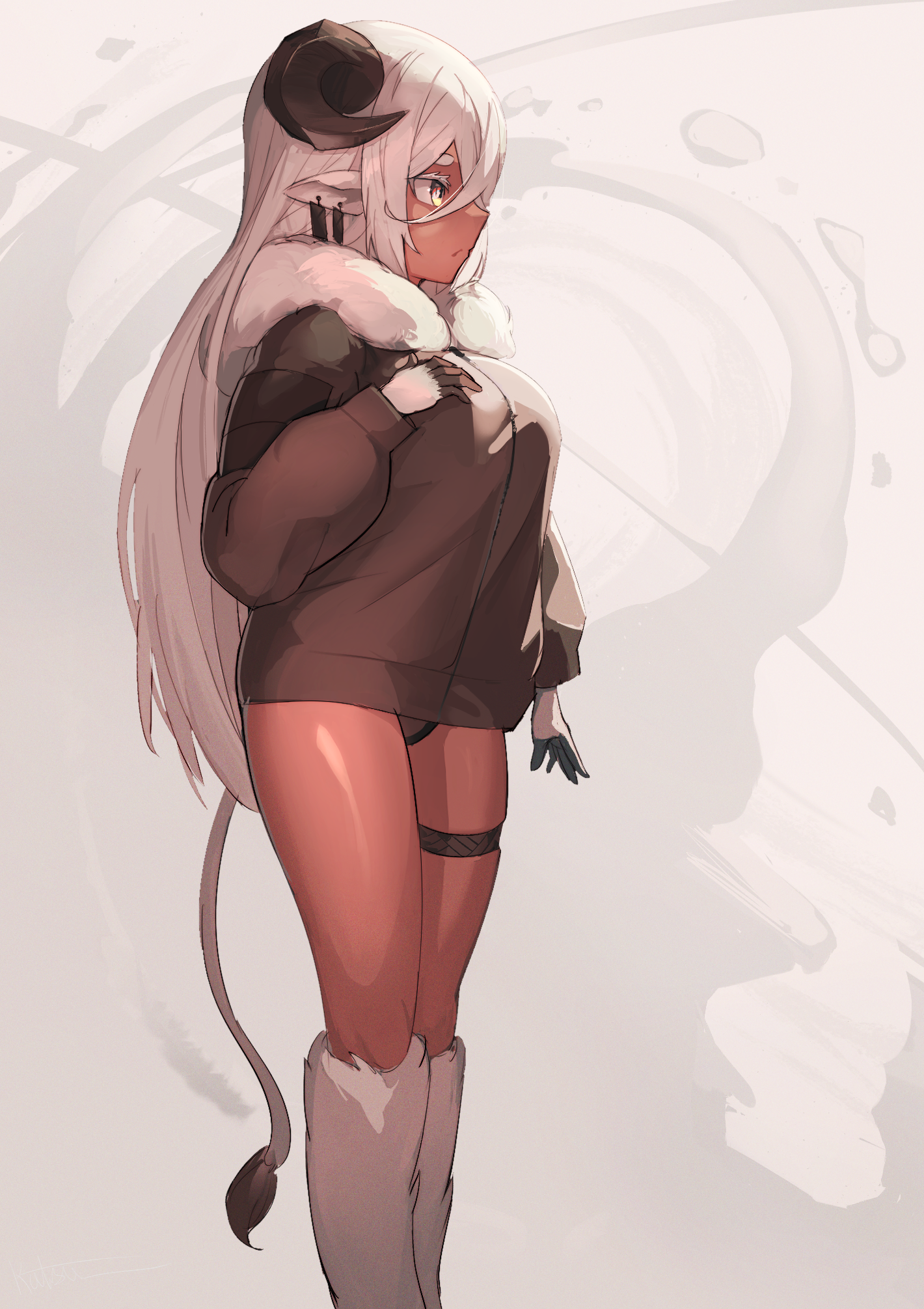 katsu (katsuslider), original, highres, 1girl, animal ears, black jacket, black panties, breasts, curled horns, dark-skinned female, dark skin, from side, fur-trimmed hood, fur-trimmed leg warmers, fur trim, gloves, hair between eyes, hand on own chest, hood, horns, jacket, large breasts, leg warmers, long hair, long hair between eyes, looking to the side, panties, skindentation, solo, tail, thigh strap, thighs, underwear, very long hair, white hair, yellow eyes