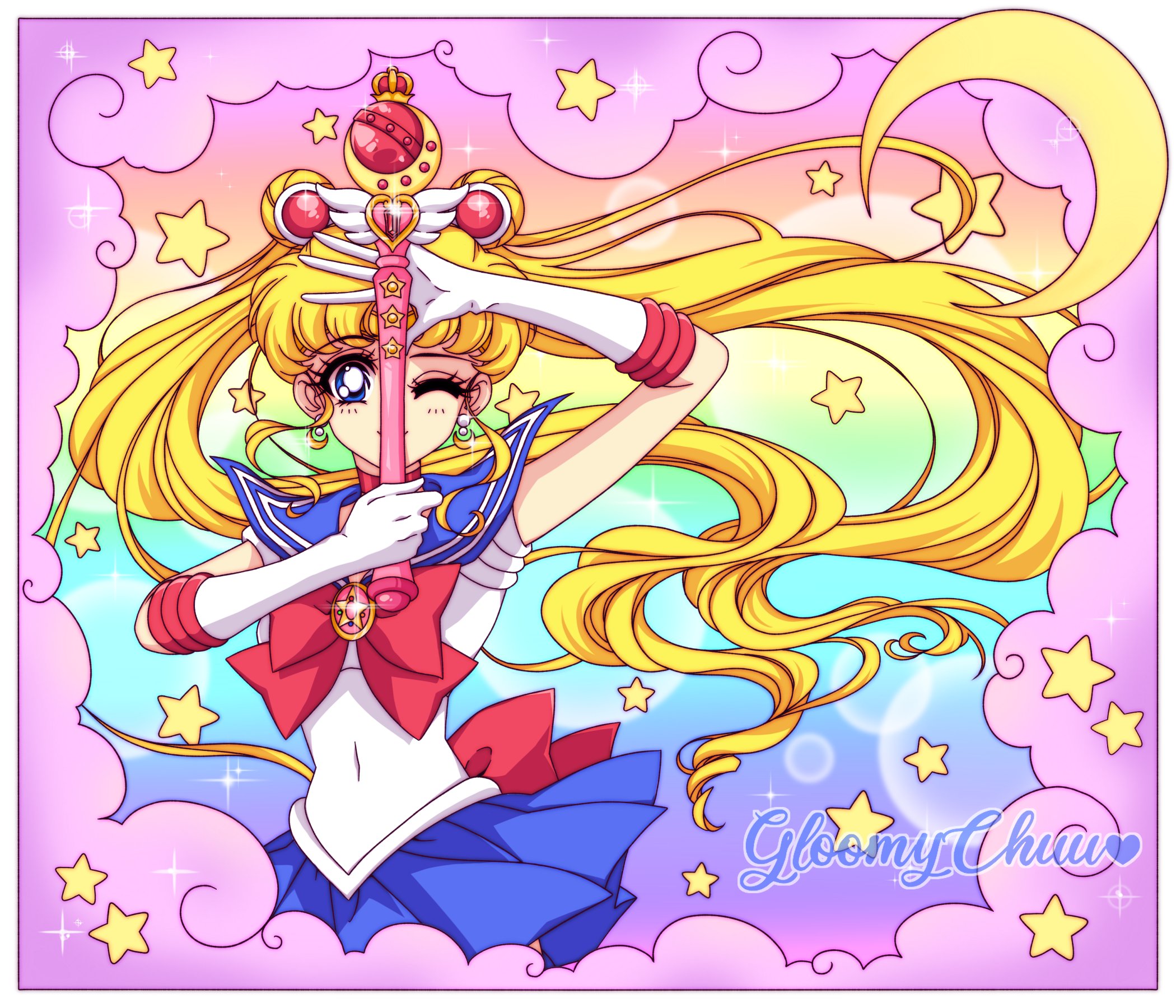 mroczniak (gloomy chuu), sailor moon, tsukino usagi, bishoujo senshi sailor moon, highres, 1girl, artist name, blonde hair, blue eyes, blue sailor collar, blue skirt, bow, choker, crescent, crescent earrings, crescent moon, double bun, earrings, elbow gloves, gloves, gradient background, hair bun, hair ornament, heart, jewelry, long hair, moon, one eye closed, parted bangs, pink clouds, pleated skirt, rainbow background, red bow, red choker, sailor collar, sailor senshi uniform, skirt, smile, solo, spiral heart moon rod, star (symbol), twintails, white gloves