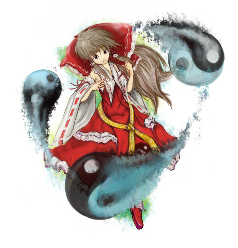 kaoru (pixiv), hakurei reimu, touhou, bad id, bad pixiv id, 1girl, female focus, japanese clothes, miko, ribbon, solo, white background, yin yang