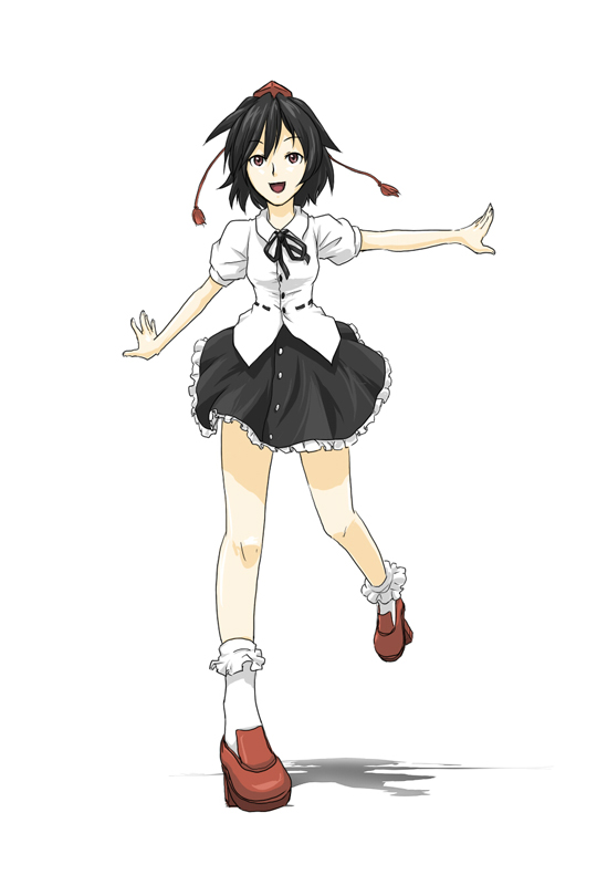 mese, shameimaru aya, touhou, bad id, bad pixiv id, 1girl, black hair, female focus, geta, hat, looking at viewer, open mouth, ribbon, shirt, short hair, skirt, smile, solo, tengu-geta