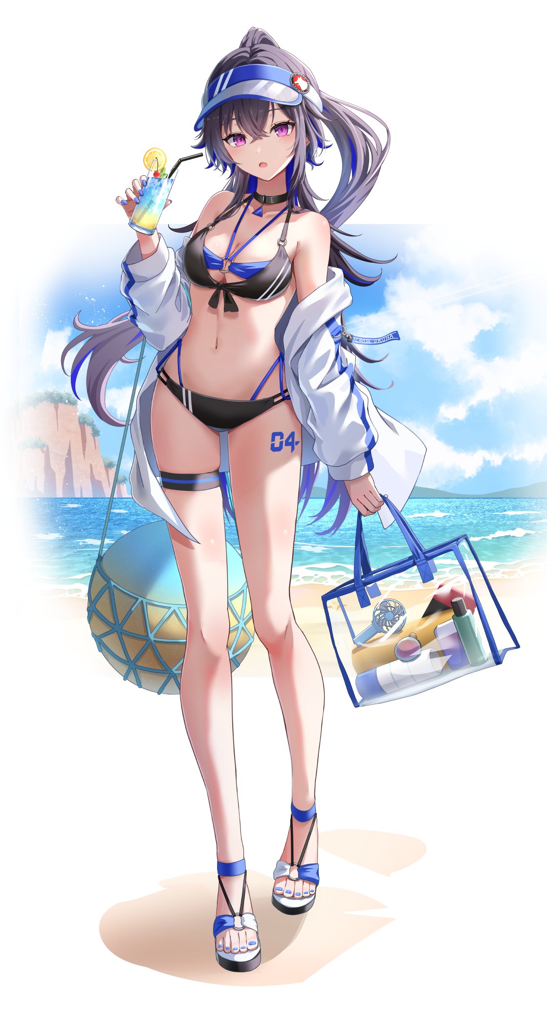 chacha zo, ichinose uruha, vspo!, highres, 1girl, bag, bare shoulders, beach, bikini, black bikini, black hair, blue hair, breasts, cloud, crossed bangs, cup, full body, glass, hair between eyes, holding, holding bag, holding cup, jacket, long hair, long sleeves, looking at viewer, multicolored hair, navel, ocean, off shoulder, open clothes, open jacket, open mouth, pink eyes, sandals, solo, standing, stomach, swimsuit, thigh strap, transparent bag, very long hair, virtual youtuber, white background, white jacket